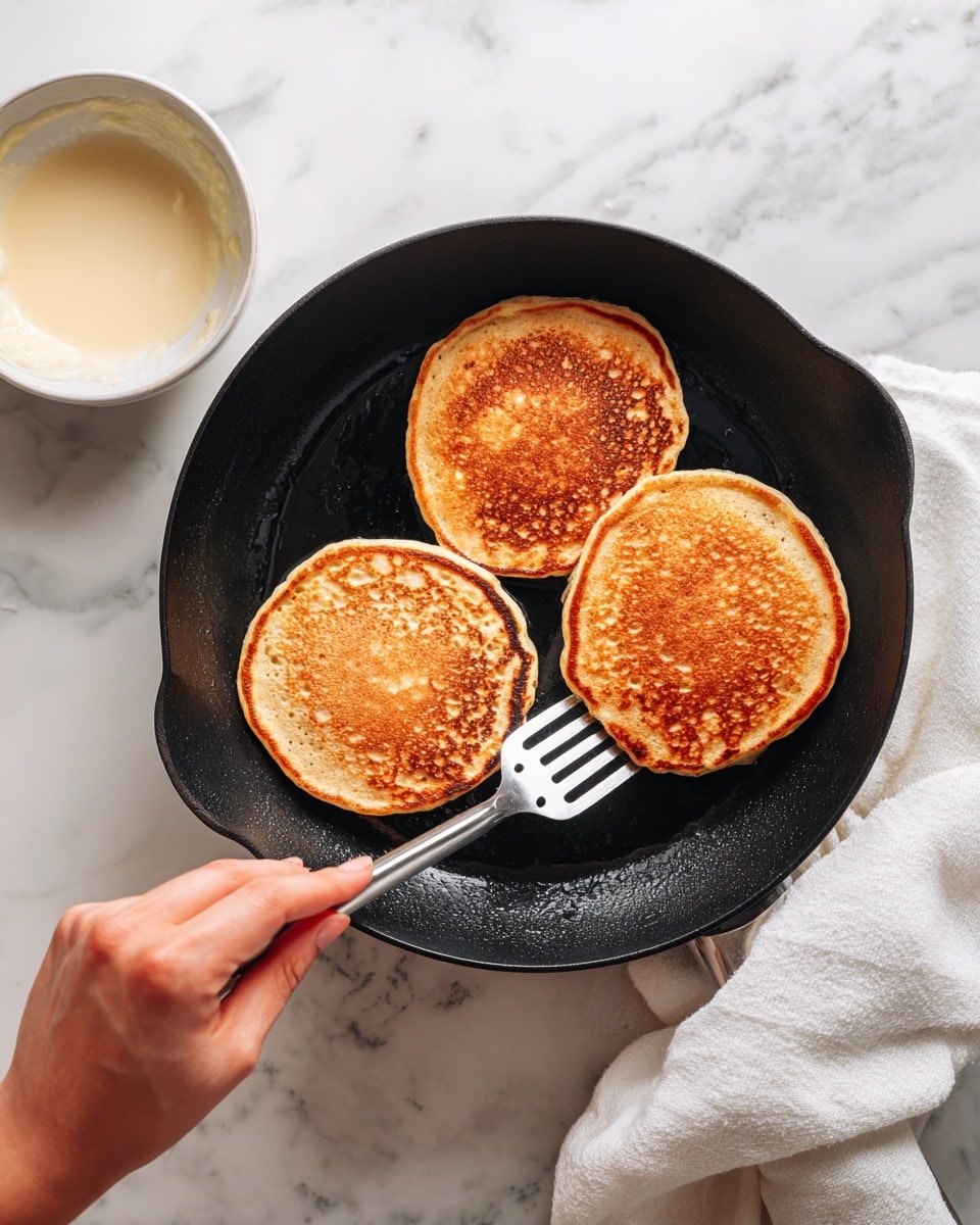 The image shows a black cast iron pan on a stovetop with three small, golden-brown pancakes cooking. The pancakes have a slightly rough texture with some small air holes and lighter spots on their surface. A woman's hand holds a metal spatula under one pancake, lifting it gently. To the left of the pan, there is a white bowl with some pancake batter left inside. The background is a white marbled surface, and a white towel is placed to the right of the stovetop. photo taken with an iphone --ar 4:5 --v 7