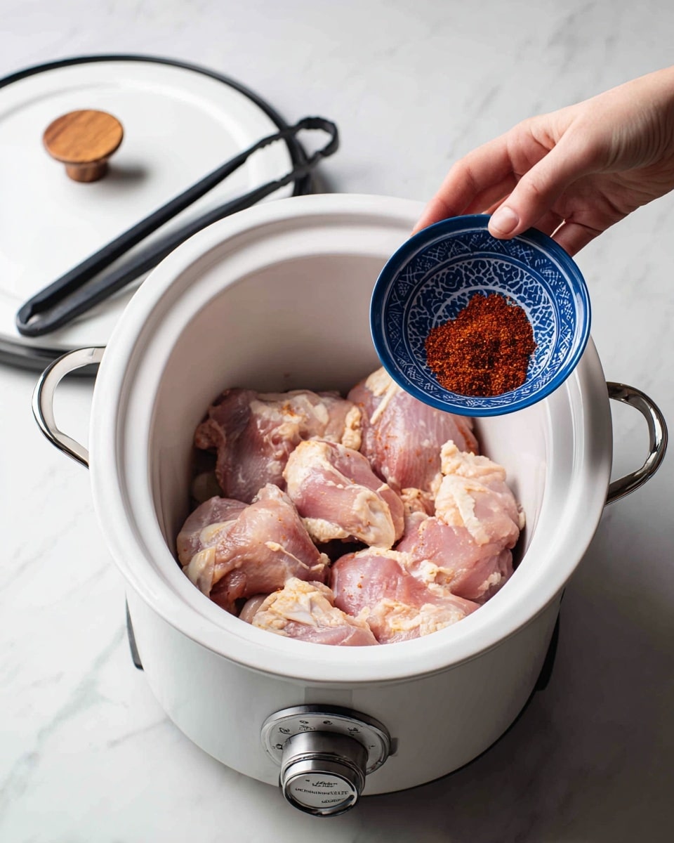 A white slow cooker pot filled with four pieces of raw pale pink chicken with a smooth texture. A woman's hand is holding a small blue bowl pouring bright red spice powder over the chicken. The slow cooker pot has metal handles and a wooden knob on the control dial. The pot is placed on a white marbled surface with part of the slow cooker lid and black tongs positioned nearby. Photo taken with an iphone --ar 4:5 --v 7