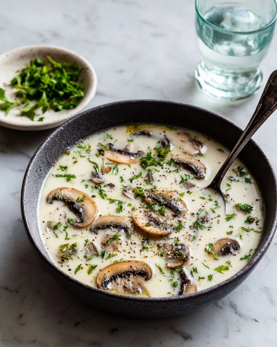 A dark round bowl filled with creamy white soup that has visible slices of light brown mushrooms floating in it. The soup is sprinkled with small green chopped herbs and a light dusting of black pepper. A dark spoon rests inside the bowl, leaning on its edge. Behind the bowl, there is a small white dish holding more chopped green herbs and a clear glass of water, all set on a white marbled surface. Photo taken with an iphone --ar 4:5 --v 7