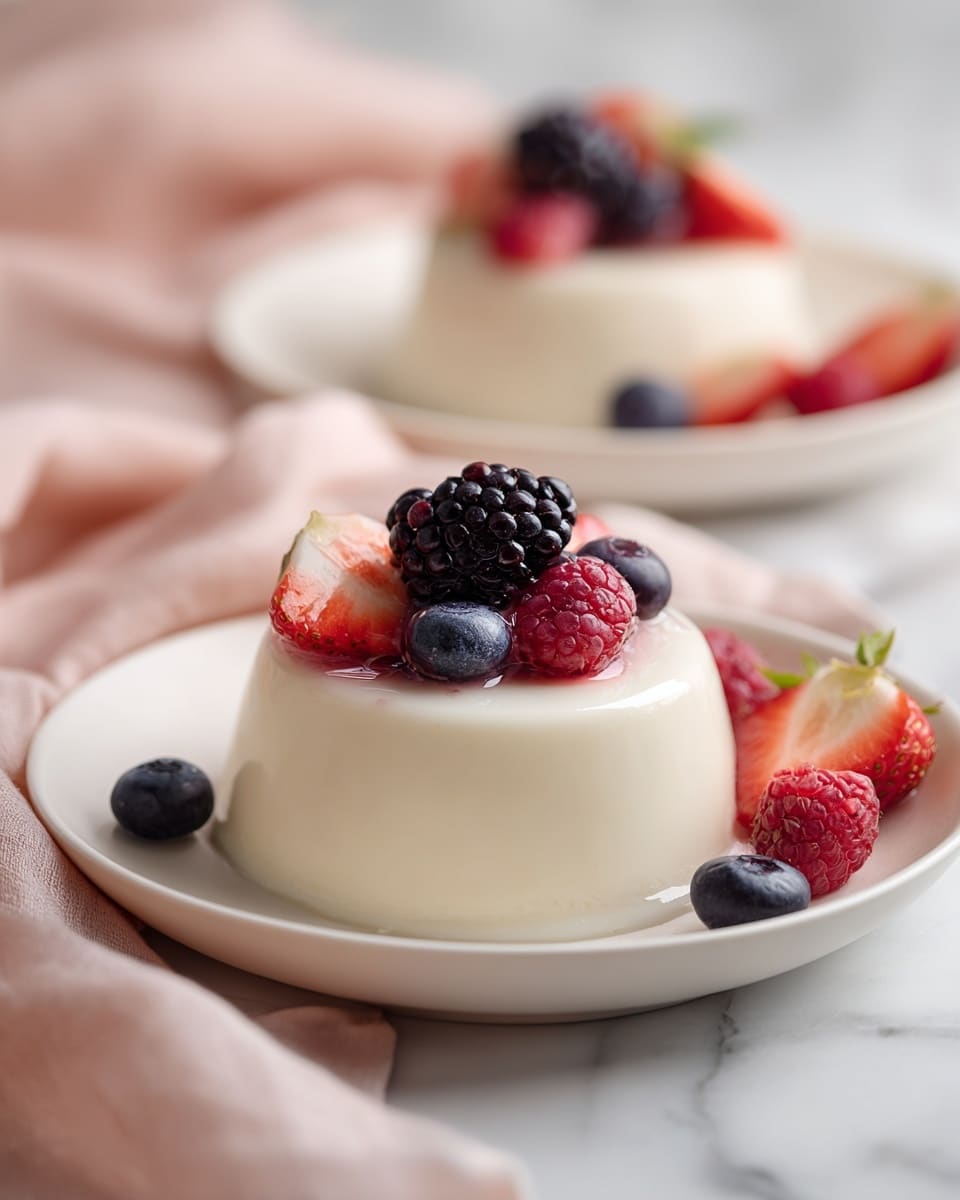 A smooth, creamy white panna cotta sits on a white plate, resting on a soft pink cloth over a white marbled surface. The panna cotta is one layer, topped with a mix of fresh berries including a blackberry, blueberry, strawberry slices, and a raspberry, all glistening with freshness. In the background, there is another similar panna cotta slightly out of focus on the same white plate with berries on top. photo taken with an iphone --ar 4:5 --v 7