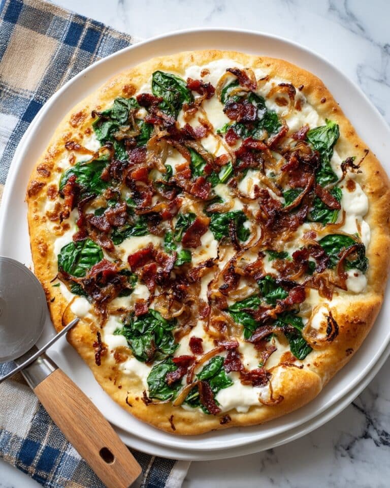 Bacon and Caramelized Onion Pizza with Spinach and Parmesan Cream Sauce Recipe