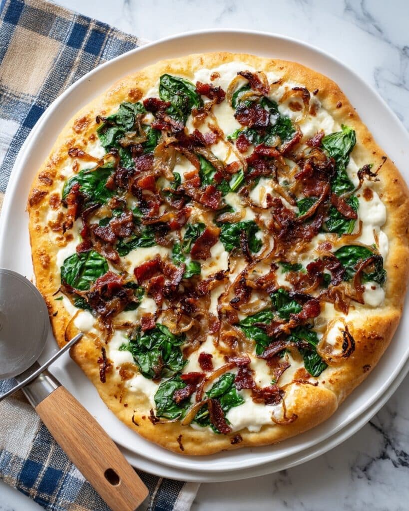 Bacon and Caramelized Onion Pizza with Spinach and Parmesan Cream Sauce Recipe