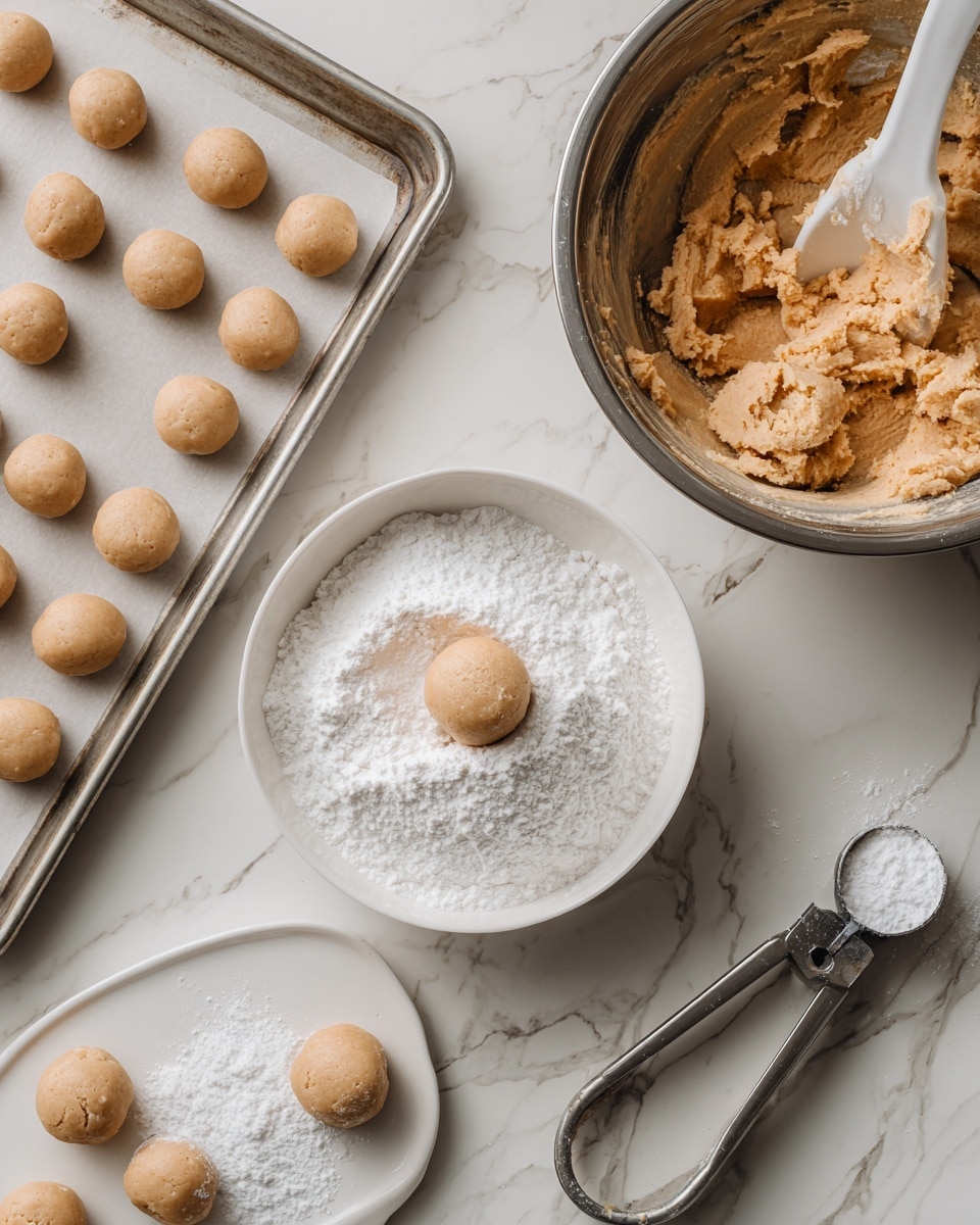 The image shows a white marbled surface with baking tools and ingredients arranged neatly. On the left, a metal tray holds a row of small round dough balls, pale brown in color. In the center, a white bowl is filled with white powdered sugar, with one dough ball coated in sugar resting in the middle. To the top right, a metal mixing bowl contains light brown dough with a white spatula inside it. Near the bottom right, a white plate holds a metal cookie scoop with some dough inside. A woman's hand is not visible, but the arrangement suggests the dough balls are ready to be coated and placed for baking. photo taken with an iphone --ar 4:5 --v 7