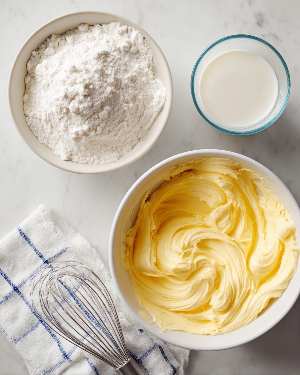 The image shows two white bowls on a white marbled surface. The bowl on the right contains creamy, light yellow butter mixed in a smooth and thick texture with some swirls made by a whisk next to it. The bowl on the left holds white flour with a powdery texture. Between the two bowls, there is a small glass of milk with a white liquid inside. Under the right bowl, there is a white cloth with a blue grid pattern. Photo taken with an iphone --ar 4:5 --v 7