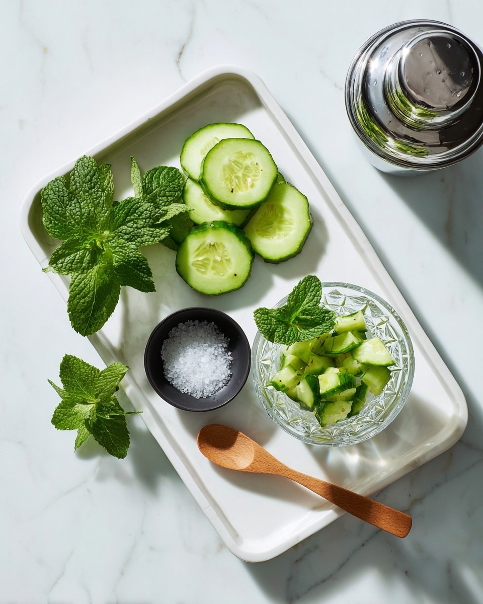 A white tray holds a neat arrangement of four bright green cucumber slices forming a small cluster on the left side, with fresh green mint leaves placed above and below the cucumbers. To the right on the tray is a clear faceted glass filled with chopped cucumbers and mint leaves. A small black bowl with coarse salt and a small wooden spoon rests on the white marbled surface near the top left corner of the tray. On the right side, a wooden muddler lies flat on the same white marbled surface next to a shiny silver cocktail shaker. The whole scene is set on a white marbled background photo taken with an iphone --ar 4:5 --v 7