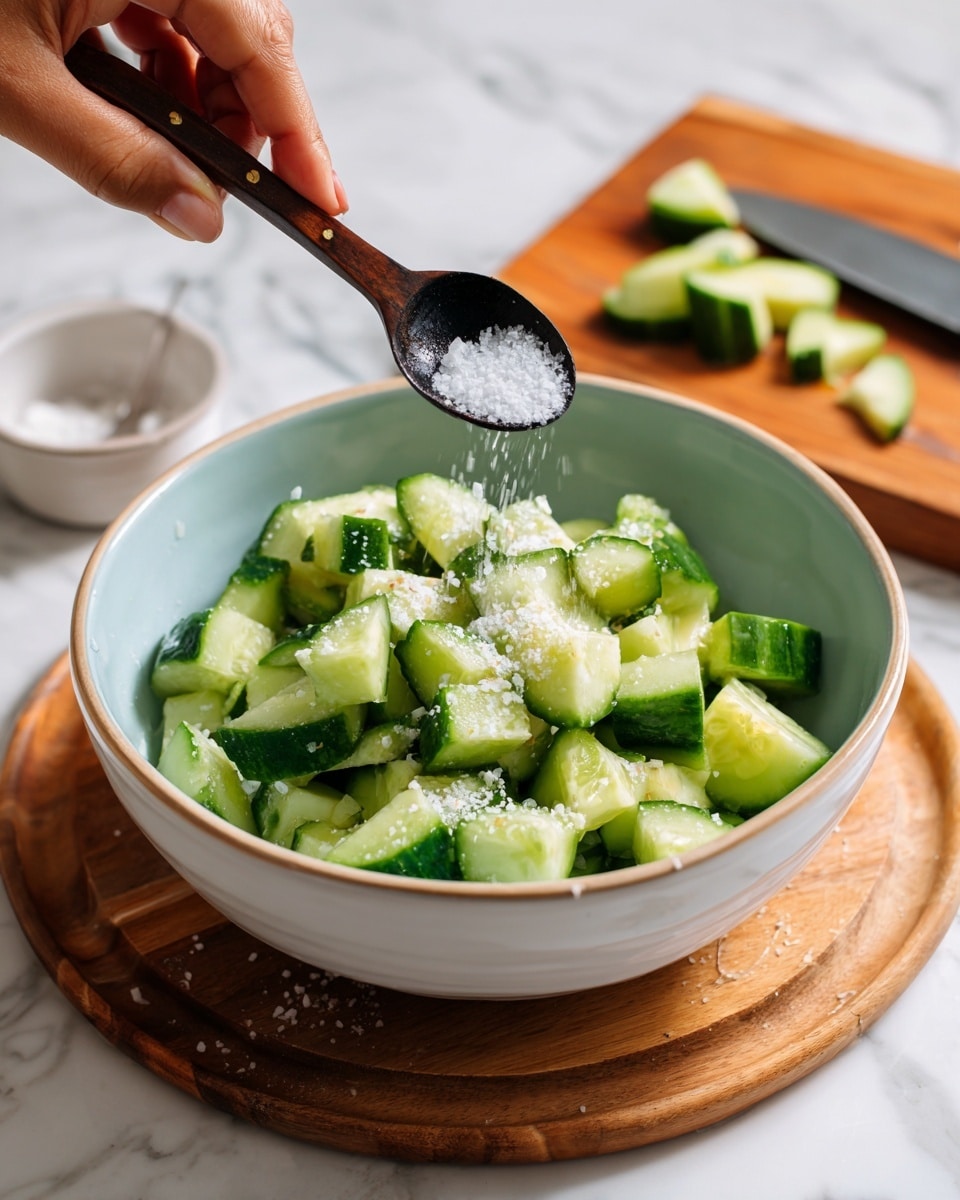 In the image, a woman's hand is sprinkling white salt using a small black spoon over chopped green cucumber pieces inside a white bowl with a light blue interior. The cucumber pieces are unevenly cut into thick chunks, filling the bowl. The bowl sits on a white marbled surface, and nearby is a wooden cutting board with a knife and cucumber scraps. There is also a small white container with another ingredient beside the bowl. Photo taken with an iphone --ar 4:5 --v 7