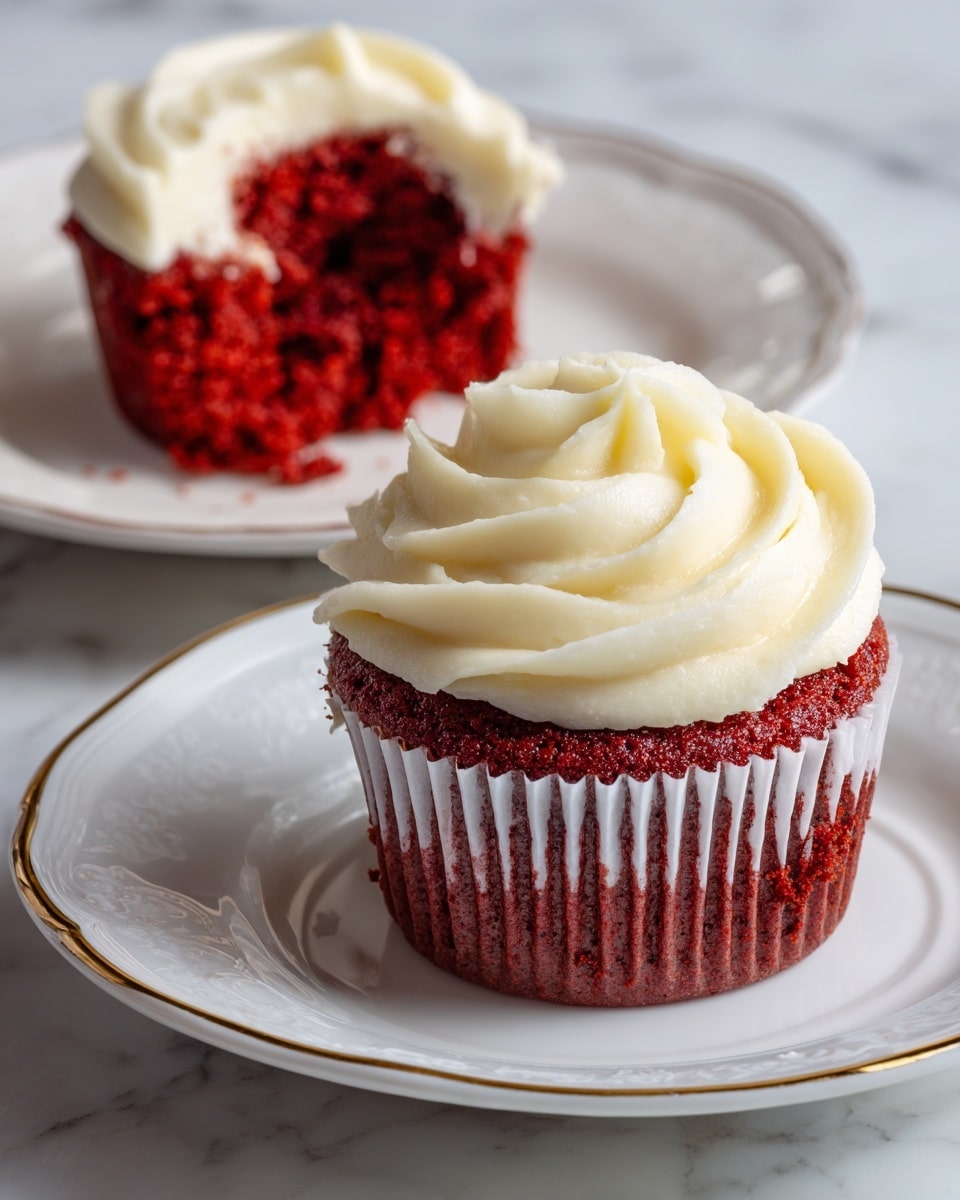The image shows two red velvet cupcakes on white plates with a gold rim, placed on a white marbled surface. The cupcake in the foreground has a smooth, shiny, deep red base with white paper liners, topped with a thick swirl of creamy off-white frosting that looks soft and smooth. In the background, the second cupcake is partly eaten, revealing a moist, dark red inside with the same thick white frosting on top. The overall look is clean, with a simple and neat presentation. Photo taken with an iphone --ar 4:5 --v 7