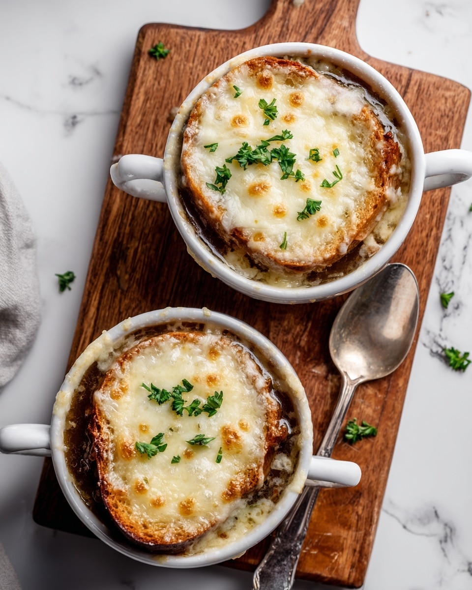 Two white round bowls filled with French onion soup, each placed on a small wooden board with a handle. Each bowl shows layers starting with a dark brown onion broth at the bottom, topped with a toasted light brown bread slice soaked in the soup, then covered with thick, bubbly melted white cheese that is golden brown and slightly crispy on top. Small green parsley leaves are sprinkled on the cheese for garnish. One bowl has a large silver spoon resting on the board, and the other has a woman's hand holding a silver spoon scooping cheese and bread. The background is a white marbled surface. photo taken with an iphone --ar 4:5 --v 7