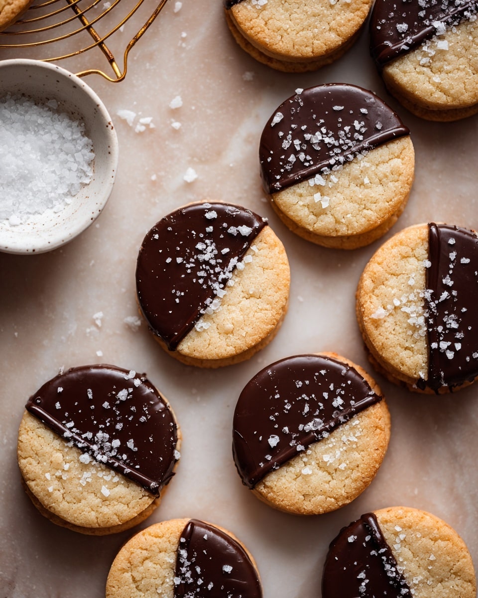 The image shows a group of round cookies arranged on a white marbled surface with a light brown backdrop. Each cookie has two layers: a bottom layer of light golden-brown dough with a smooth texture and a top layer of glossy dark chocolate coating that covers the entire top surface, slightly dripping over the edges. Some of the cookies have small white sea salt flakes sprinkled unevenly on the chocolate. A few cookies sit on a thin gold cooling rack in the upper part of the image. To the side, there is a small white bowl filled with coarse white salt crystals. The chocolate looks shiny and smooth, and the overall look is neat and inviting. photo taken with an iphone --ar 4:5 --v 7