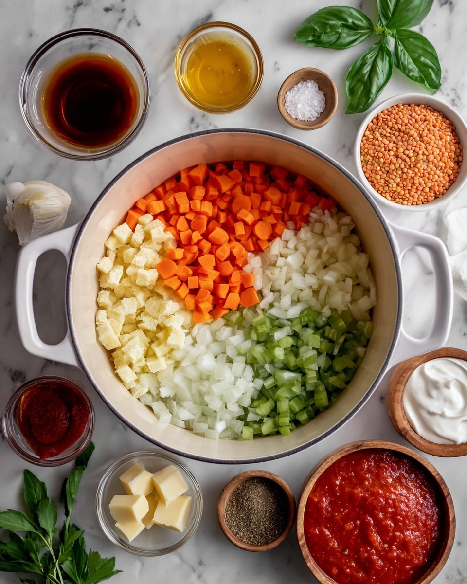 The image shows a white pot in the center with four layers of chopped vegetables inside: garlic in small minced pieces at the top left, orange diced carrots at the top right, light green chopped celery at the bottom left, and white chopped onions covering the bottom right. Surrounding the pot are various ingredients placed on a white marbled surface: a small glass bowl with dark brown liquid at the top left, another small glass bowl with amber colored liquid below it, a tiny bowl with light yellow butter cubes at the bottom left, a small dish with red tomato paste next to that, and a shallow white bowl with mixed dry spices below. To the right of the pot, there is a light gray bowl filled with lentils, a small wooden bowl with salt, a small glass cup with white cream, and two glass bowls with red tomato sauces in the bottom center and right. Fresh parsley and basil leaves add green color in the bottom left and top right corners. photo taken with an iphone --ar 4:5 --v 7