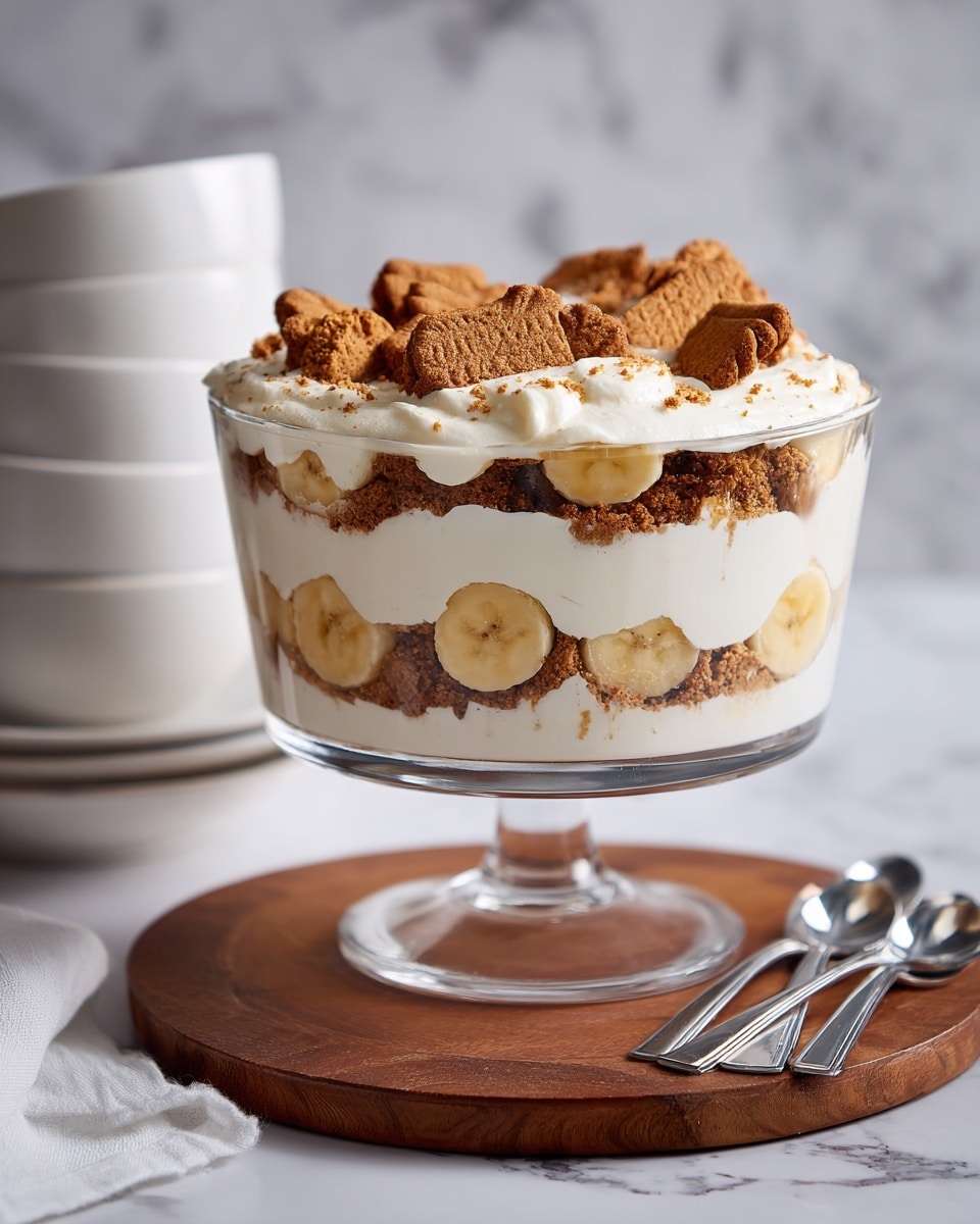 The image shows a large, clear glass trifle bowl sitting on a round wooden board on a white marbled surface. Inside the bowl are several visible layers of creamy white whipped topping alternating with crumbs of brown biscuits, creating a striped look. The top layer is a thick, smooth white cream decorated with broken biscuit pieces in the center and a caramel-colored sauce drizzled in swirls over the top. To the left of the bowl is a white plate with whole and broken biscuits scattered on it, and behind that is a small white bowl filled with crushed biscuits. In front of the bowl is a small clear glass jug filled with caramel sauce. A woman's hand is reaching toward the plate of biscuits. Photo taken with an iphone --ar 4:5 --v 7