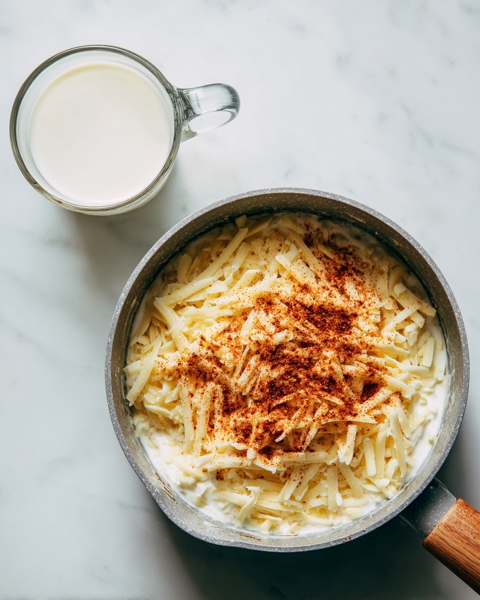 A grey pot with a wooden handle sits on a white marbled surface, filled with three layers: the bottom layer is a thick white creamy sauce; the middle layer shows a thick amount of shredded light yellow cheese; the top layer is a dusting of reddish brown spice powder covering some parts of the cheese and sauce. Next to the pot, on the left side, is a clear glass cup filled with white milk, placed on the white marbled surface. photo taken with an iphone --ar 4:5 --v 7