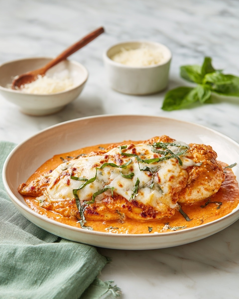 A white plate on a white marbled surface holds a serving of a layered dish with one visible slice pulled away. The bottom layer is a golden-brown crispy base, topped by a thick layer of white melted cheese that covers a creamy, orange tomato sauce with bits of tomato and herbs. Fresh green basil strips are sprinkled on top, adding a fresh touch. Two gold forks rest on the plate near the food, and a blue cloth is partially visible beside the plate. In the background, there are small white bowls containing grated cheese and some red sauce remnants. Photo taken with an iphone --ar 4:5 --v 7