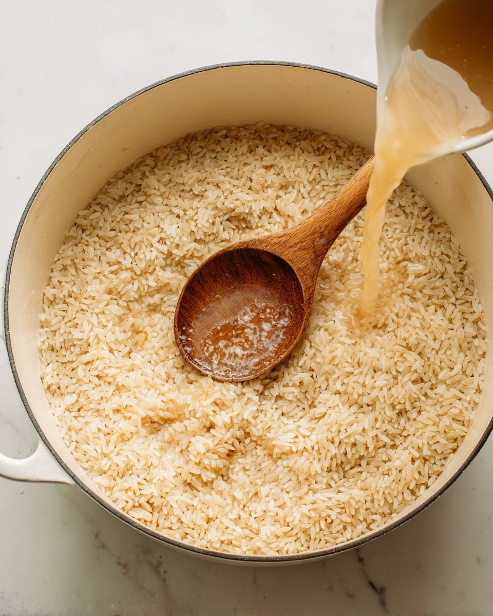 In a large white pot on a white marbled surface, there is a layer of light brown rice grains evenly spread inside. A wooden spoon is stirring the rice, its surface showing wet and dry grains. From the top right, a clear liquid is being poured into the pot, creating a shiny wet area among the rice. The scene shows a close view focusing on the pot and rice, with a peaceful, clean kitchen setting. photo taken with an iphone --ar 4:5 --v 7