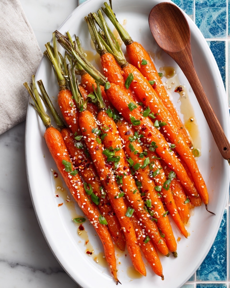 A white oval plate holds about twelve whole cooked carrots arranged in two neat layers, each carrot bright orange with slight grill marks and slightly soft texture. The carrots are topped with a dark, chunky chili sauce spread unevenly over the middle, sprinkled with green chopped scallions and light tan sesame seeds evenly scattered across. To the top right, a clear jar with dark sauce and a metal spoon inside sits on a white marbled surface with blue tiled pattern beneath the plate. Photo taken with an iphone --ar 4:5 --v 7