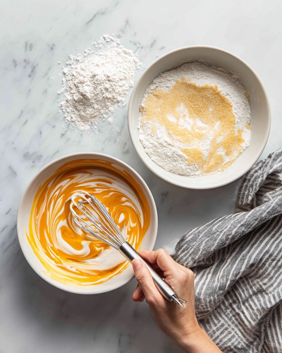 Two white metal bowls sit on a white marbled surface, one held by a woman's hand whisking a mixture of white creamy liquid swirled with bright orange sauce, creating a marbled effect on top; a silver whisk rests inside. The other bowl contains dry ingredients with layers of pale yellow cornmeal and white flour, with some scattered on the edges. A grey and white striped kitchen towel lies beneath the right bowl. Photo taken with an iphone --ar 4:5 --v 7
