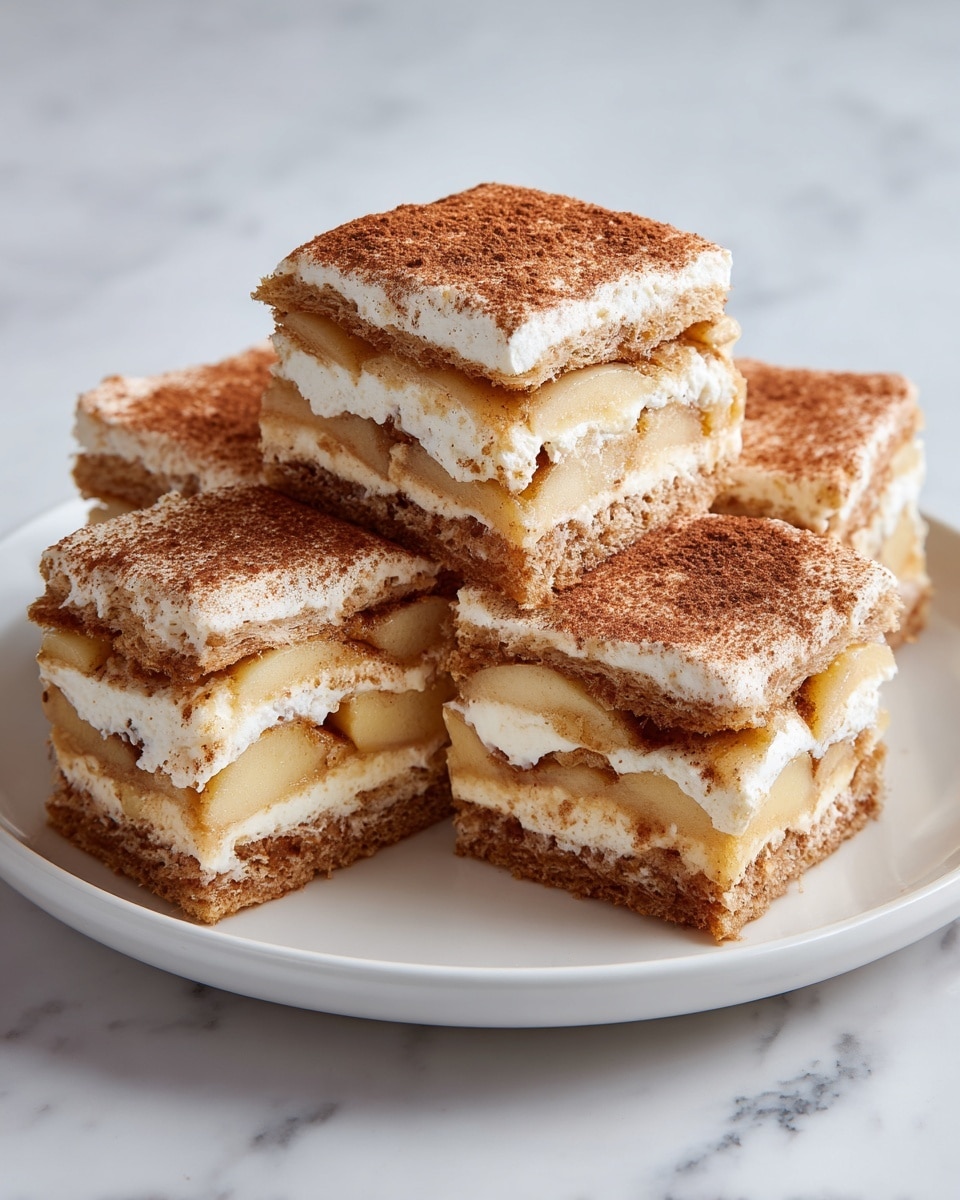 The image shows three rectangular slices of a layered dessert on a white plate. Each slice has three visible layers: the bottom layer is a light yellow, crumbly cake base with a slightly coarse texture; the middle layer is a translucent, pale yellow, soft filling that looks like fruit or jelly; the top layer is a thick, creamy white topping dusted with a light layer of brown powder, likely cinnamon. The slices are arranged close together on the white plate, which sits on a white marbled surface. The focus is bright and clear, highlighting the different textures and layers of the dessert photo taken with an iphone --ar 4:5 --v 7