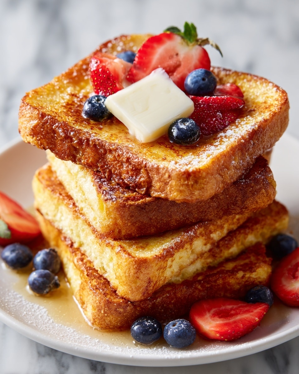 A stack of four thick golden-brown French toast slices sits on a white plate, each slice showing a crispy, slightly uneven textured crust. The top layer holds a small square of melting white butter in the center, surrounded by fresh blueberries and bright red strawberry slices. More blueberries are scattered around the base of the stack on the plate, with a white marbled surface underneath. The French toast looks fluffy inside with a slight sheen from cooking, and the fruit adds vibrant pops of color against the warm, toasted bread. photo taken with an iphone --ar 4:5 --v 7