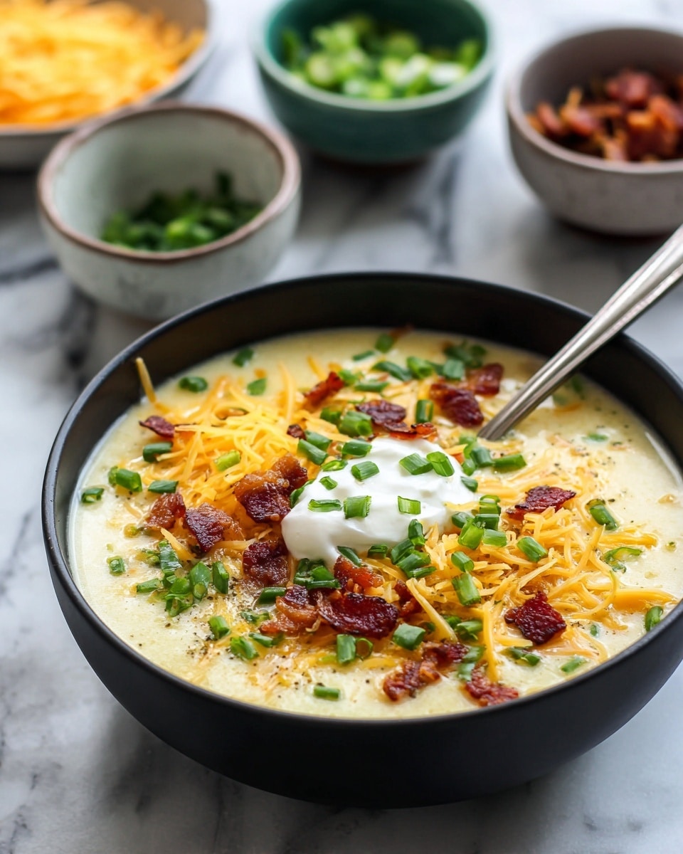 A white bowl filled with creamy soup as the base layer, topped with bright orange shredded cheddar cheese sprinkled over the surface. Crispy, brown bacon pieces are scattered on top, adding a rough texture. There are small green onion slices spread evenly, with a white dollop of sour cream near the center. The bowl rests on a matching white bowl on a white marbled surface, and a spoon is placed inside the bowl. The scene is softly blurred in the background with warm colors. Photo taken with an iphone --ar 4:5 --v 7