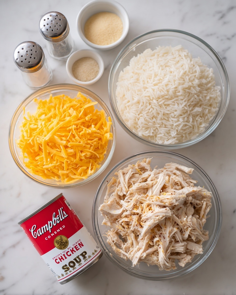 A clear glass bowl full of shredded cooked chicken sits on the lower right, showing tender, light beige pieces with pepper flakes. Above it is another clear glass bowl filled with plain white rice, with small, soft grains. To the left of the rice bowl is a clear glass bowl packed with fine, shredded bright yellow cheddar cheese. On the upper middle, two small white bowls hold light beige powders, one slightly darker than the other. Above them are salt and black pepper shakers with silver tops. In the lower left, a large red and white Campbell’s cream of chicken soup can is angled, displaying the label clearly. All items rest on a white marbled surface. Photo taken with an iphone --ar 4:5 --v 7