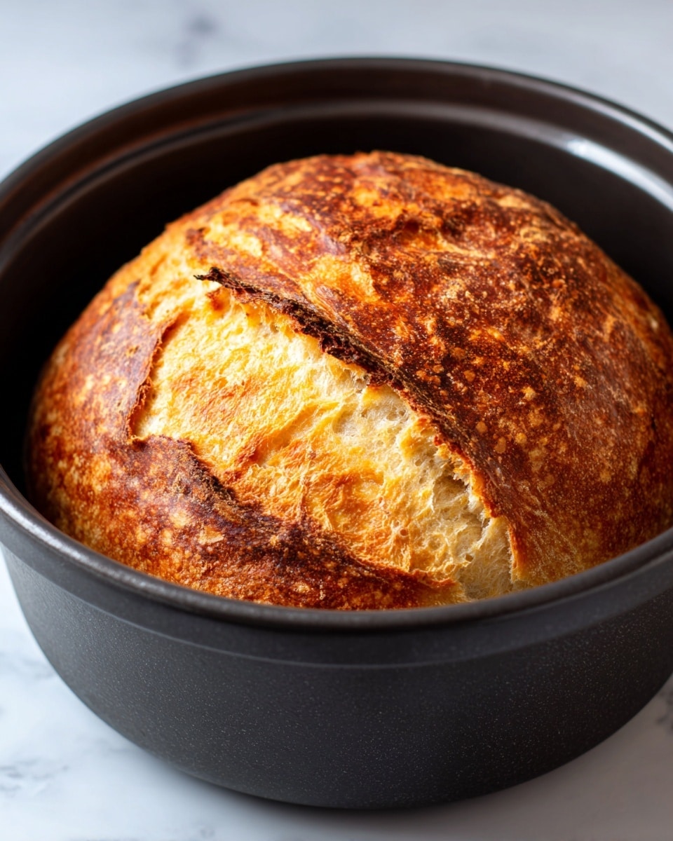 The image shows a round loaf of bread with a golden brown crust and a slightly cracked top, revealing a soft, light beige interior. The bread is inside a black pot, which contrasts with the warm colors of the bread, and the background is a white marbled texture. The loaf looks fresh and rustic with an uneven, crispy outer layer and a fluffy inside. Photo taken with an iphone --ar 4:5 --v 7