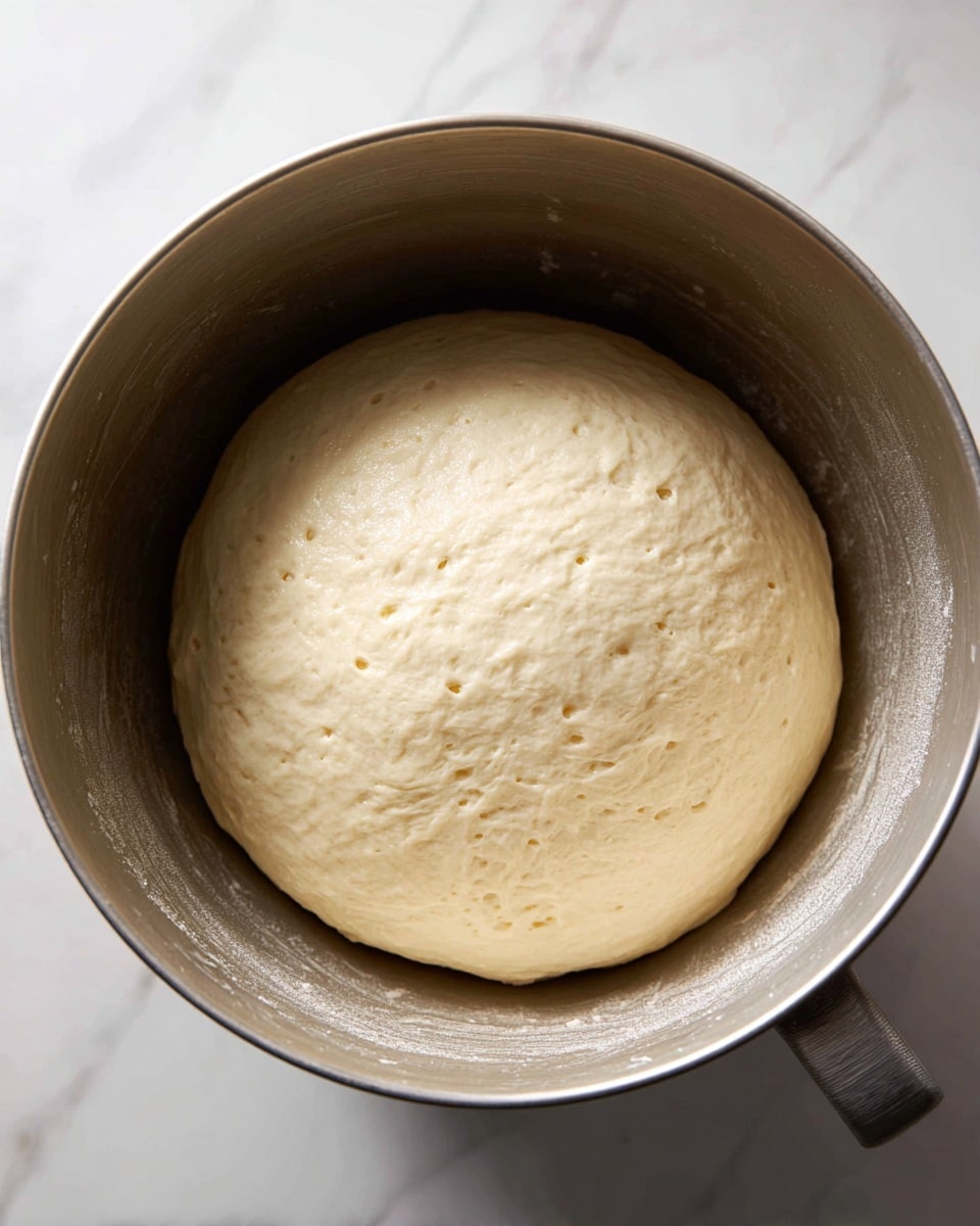 A round, smooth ball of dough sits in the middle of a silver mixer bowl, its pale cream color showing it is well risen and soft. The dough fills most of the bowl evenly, with a slightly shiny, moist surface and a few tiny air bubbles. The bowl's smooth interior contrasts with the dough's delicate texture, while a handle peeks from the lower right side. The background is a white marbled texture, adding brightness to the simple, clean scene. photo taken with an iphone --ar 4:5 --v 7