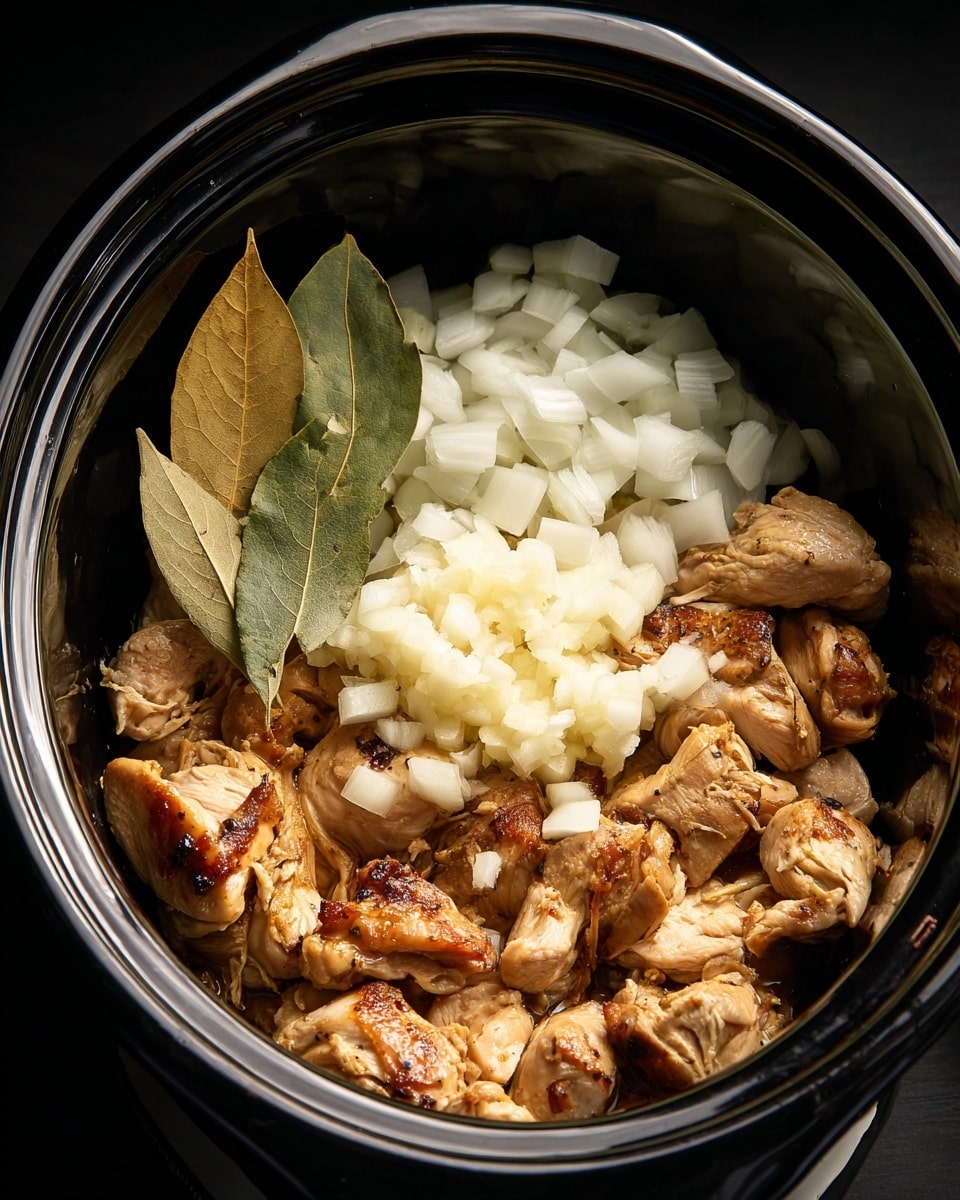 Inside a black slow cooker, there is a base layer of light brown cooked chicken pieces with some light charring. On top of the chicken, there are chopped white onion slices spread unevenly, along with a pile of finely minced garlic in the center. To the left side, three brownish-yellow bay leaves rest gently among the onions. The overall colors include the light brown of the chicken, bright white onions, pale garlic bits, and muted bay leaves on the shiny black background of the slow cooker. Photo taken with an iphone --ar 4:5 --v 7