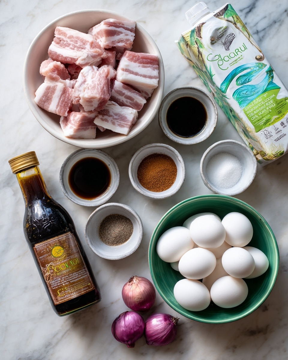 A top view of various cooking ingredients placed on a white marbled surface: a white bowl on the bottom left filled with raw pork belly pieces showing pink and white layers; near it is a white carton of coconut water featuring green and blue accents; to the right is a green bowl holding seven smooth, white hard boiled eggs; above the eggs, there are small ceramic bowls containing coarse salt, light brown rice vinegar, dark brown coconut sugar, and black pepper; a bottle of dark fish sauce with a golden cap lies diagonally near the black pepper bowl; three shiny purple shallots rest near the pork belly bowl. The ingredients are spaced evenly and clearly labeled in black text. Photo taken with an iphone --ar 4:5 --v 7