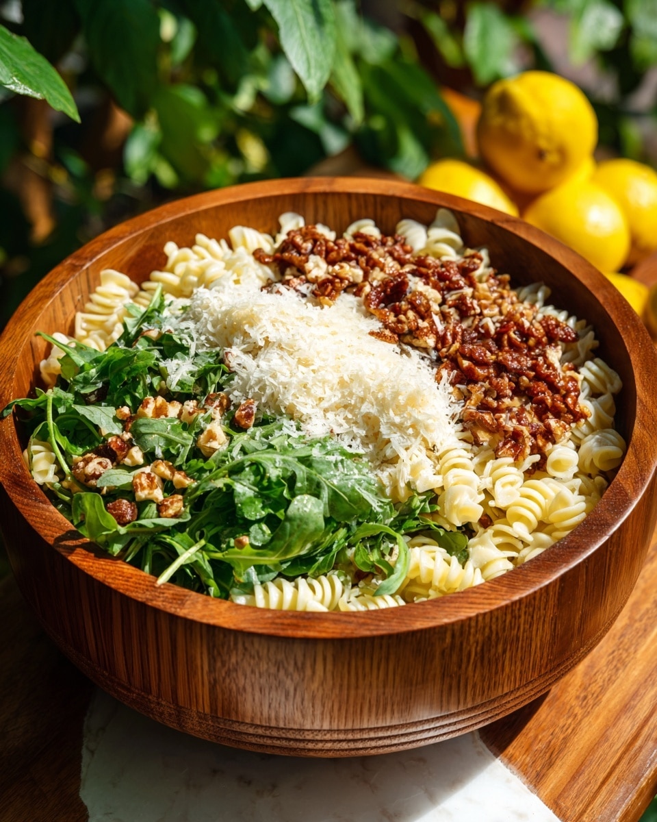 A large wooden bowl filled with a pasta salad sits on a wooden table. The base layer shows white pasta with ruffled edges mixed with dark green leafy arugula. The pasta is topped with a creamy white sauce layered unevenly. Scattered on the salad are pieces of green pistachios and small brown meat chunks, all sprinkled with grated white cheese and little red chili flakes. In the blurred background, there are yellow lemons in a wicker basket and green plants. The photo is taken with an iphone --ar 4:5 --v 7