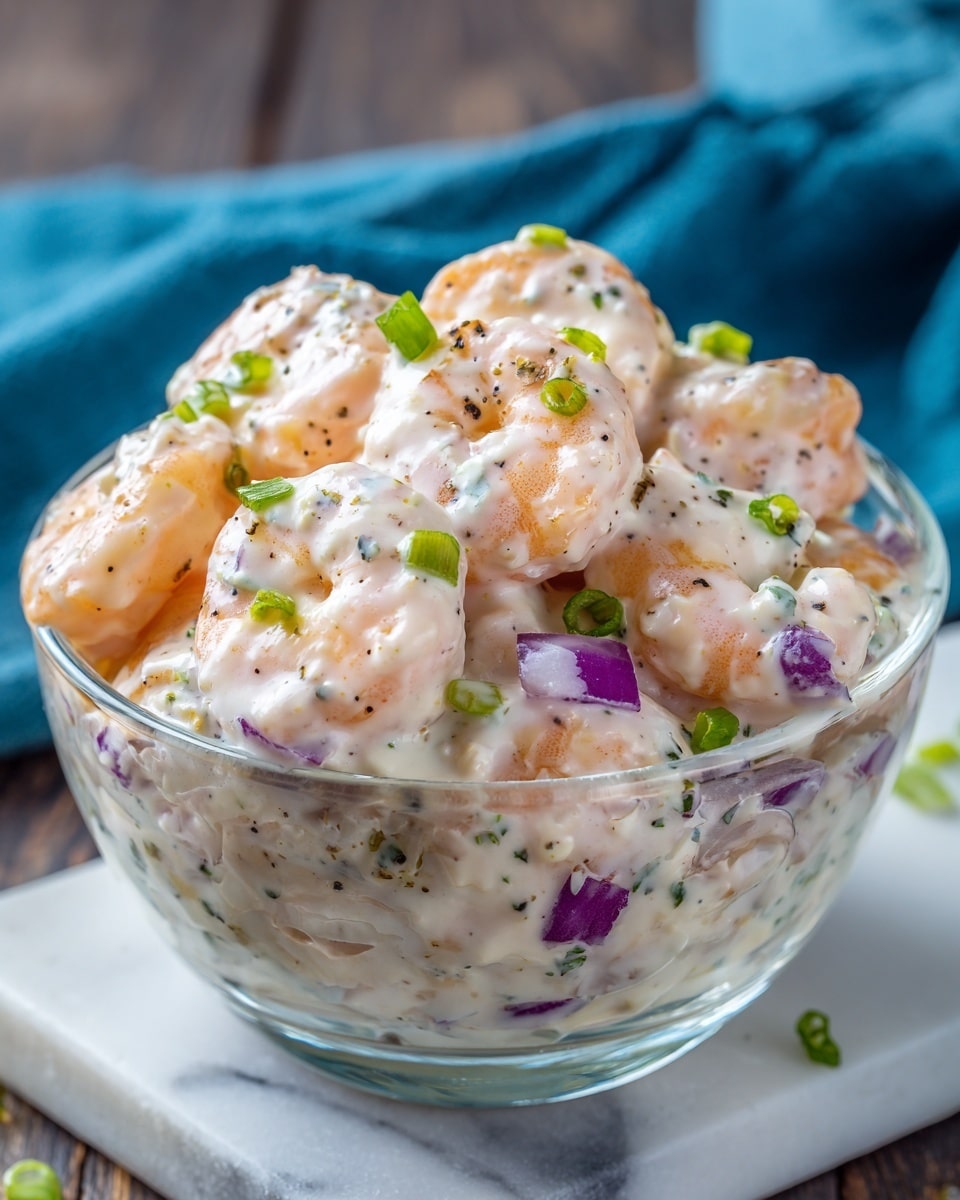 A close-up view of a sandwich with three main layers inside a soft, golden-brown bun. The bottom layer is filled with shrimp coated in a creamy white sauce with visible small bits of red onion and green herbs, giving it a textured and chunky look. On top of this shrimp mix, there is a layer of fresh, light green shredded lettuce, adding crunch and color contrast. The whole filling is held by a smooth, slightly shiny top bun with a warm brown color. The sandwich is placed on a white marbled surface. photo taken with an iphone --ar 4:5 --v 7