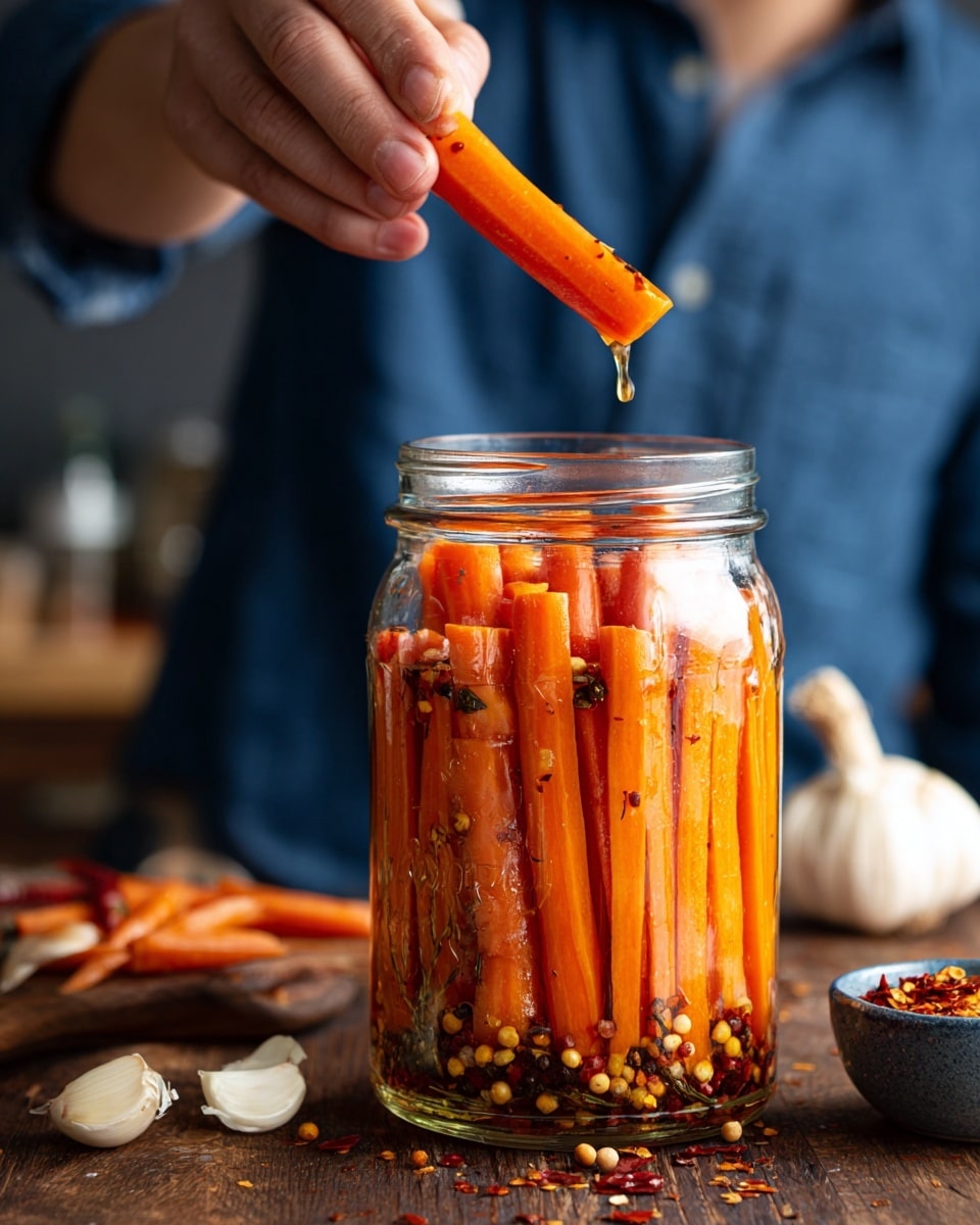 A pair of woman’s hands holds a white bowl filled with stacked bright orange carrot sticks soaked in a clear liquid with small black peppercorns and pieces of white garlic cloves visible among them. The carrots are sprinkled with tiny red flakes, likely chili, adding texture and color contrast on the smooth, shiny surface of the carrots. In the blurred background, there is a glass jar also filled with carrots, garlic cloves, and peppercorns, resting on a rustic wooden table. Photo taken with an iphone --ar 4:5 --v 7