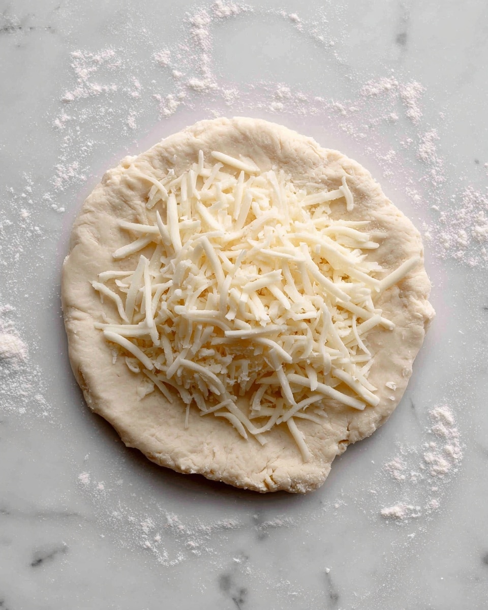 A round, flat piece of dough lies on a white marbled surface. On top of the dough, there is a small pile of shredded white cheese mostly gathered on one side, with thin, uneven strands creating texture. The dough is pale and smooth with slightly rough, uneven edges. Photo taken with an iphone --ar 4:5 --v 7