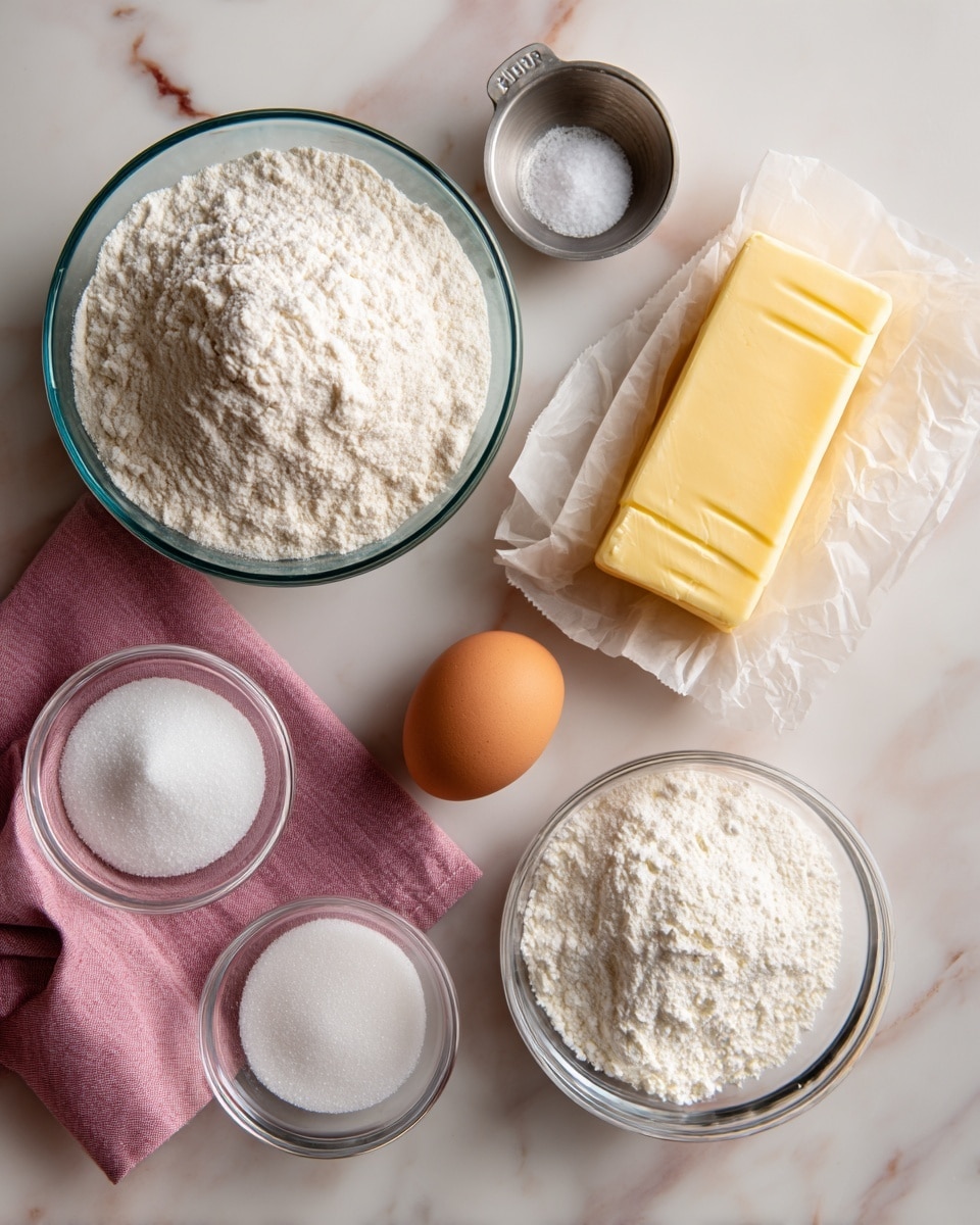 The image shows several baking ingredients placed on a white marbled surface. In the center, there is a clear glass bowl full of white flour, labeled FLOUR. To the right of the bowl is a yellow stick of butter wrapped partially in paper, labeled BUTTER, and below it is a single brown egg labeled EGG, resting on a pink cloth. Above the flour bowl is a small metal cup with white salt inside, labeled SALT. Below the salt, two small clear glass bowls with white powders are labeled BAKING POWDER and CORNSTARCH. To the right of these bowls, there is a larger clear glass bowl filled with white granulated sugar, labeled SUGAR. Below the sugar bowl is a small glass bowl with dark vanilla extract, labeled VANILLA. The setup is neat and organized, with natural lighting highlighting the textures of each ingredient photo taken with an iphone --ar 4:5 --v 7