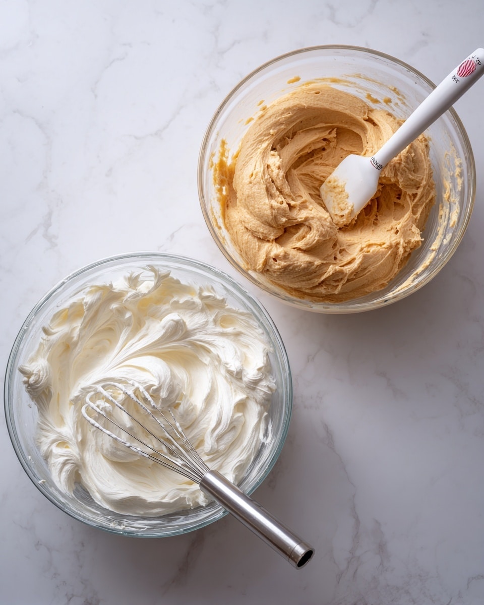 The image shows two clear glass bowls on a white marbled surface. The left bowl contains smooth, fluffy white whipped cream with a silver whisk resting inside, showcasing soft peaks and a light texture. The right bowl holds a thick, light brown dough with a slightly grainy texture, being stirred by a white spatula with a red and black design on its edge. Both bowls show signs of recent mixing with slight smudges on the sides. Photo taken with an iphone --ar 4:5 --v 7