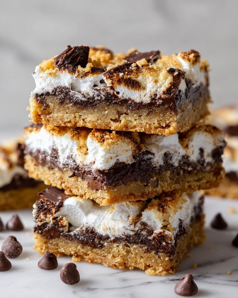 A close-up of three stacked dessert bars, each with two main layers; the bottom layer is thick, crumbly, golden brown with a soft texture, and the top layer is a mix of white, fluffy marshmallow with dark melted chocolate chips unevenly spread. The marshmallow layer looks slightly toasted with a rough surface, and large dark chocolate chunks can be seen on the top edges. The bars are placed on a surface with a few scattered chocolate chips around them, all set against a white marbled background. Photo taken with an iphone --ar 4:5 --v 7