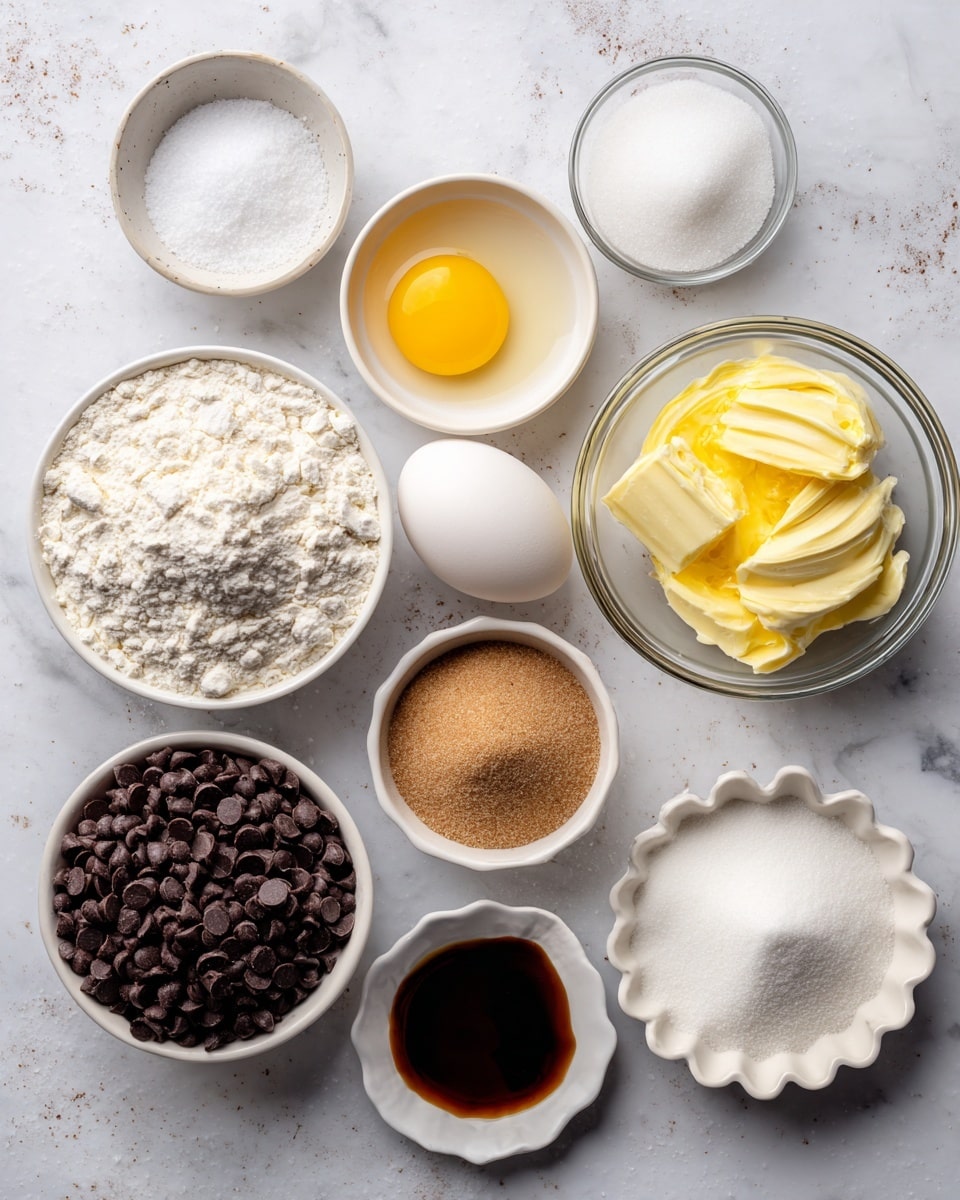 The image shows several small white bowls and clear glass bowls arranged on a white marbled surface, each filled with different baking ingredients. From the top left, a small white bowl with white salt, next to it a clear bowl with fine white sugar, then a small white bowl holding a bright yellow egg yolk and a whole white egg beside it. Below, a clear glass bowl is filled with dark brown chocolate chips, next to a larger clear bowl with melted yellow butter. On the bottom left, a large white bowl holds fine white flour, near it a small white bowl with white baking soda, a small white dish contains white cornstarch, and a clear glass bowl contains light brown sugar with a soft texture. Finally, there is a small white, scalloped dish with dark brown vanilla liquid. All bowls are neatly placed with clear visible textures of the ingredients photo taken with an iphone --ar 4:5 --v 7