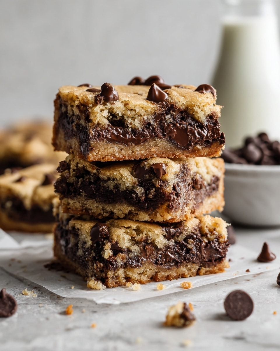 A close-up view of a stack of three thick chocolate chip cookie bars shows golden brown dough with many dark, melted chocolate chips embedded throughout each square layer. The top layer has a slightly cracked, crunchy texture with some chocolate chips peek through. The middle layers are dense with melted chocolate swirled inside the soft cookie dough, showing a gooey chocolate center. The stack sits on a white marbled surface with crumbs scattered around. In the background, a clear glass bottle of milk and a white bowl filled with chocolate chips can be seen softly blurred. The overall look is warm and inviting, with a focus on the rich chocolate and soft cookie texture. photo taken with an iphone --ar 4:5 --v 7
