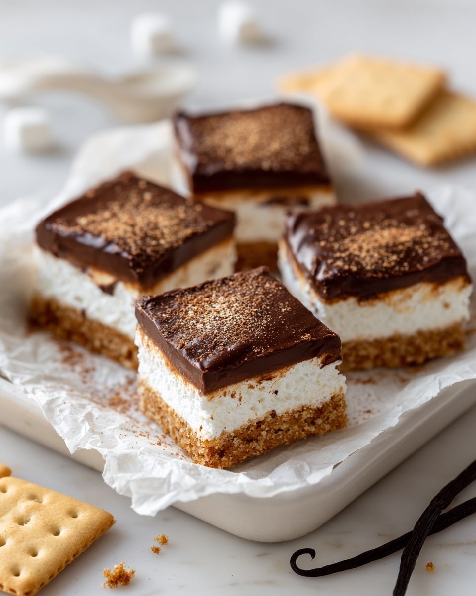 The image shows four square dessert bars resting on crinkled white parchment paper inside a white tray. Each bar has three distinct layers: the bottom layer is a light brown crumbly crust, the middle layer is thick and fluffy white marshmallow, and the top layer is a smooth dark chocolate coating. Light brown cinnamon powder is lightly dusted on top of the marshmallow layer just below the chocolate. Around the tray, there are scattered pieces of chocolate, two whole vanilla beans, and a few golden beige rectangular crackers placed on a white marbled surface. The photo taken with an iphone --ar 4:5 --v 7