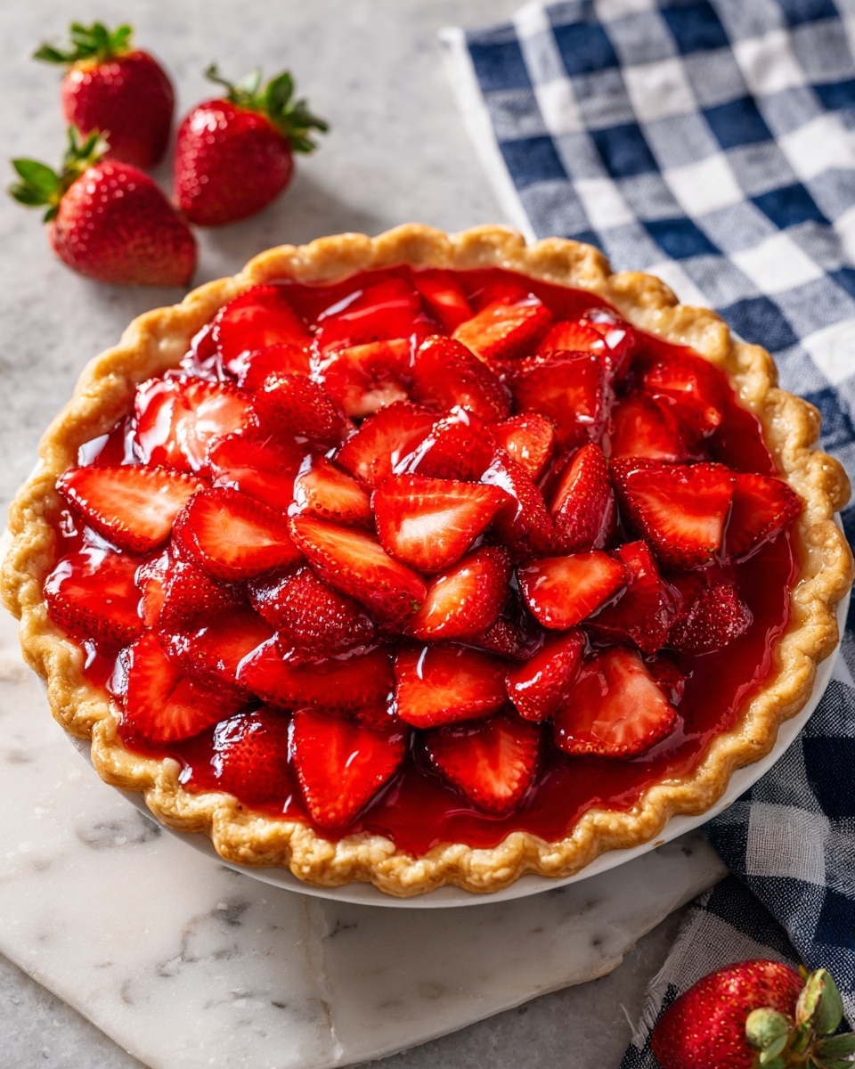 A round pie with a golden, crimped edge crust filled with a thick, bright red strawberry glaze that shines under the light, topped generously with large, sliced fresh strawberries that have a glossy look, arranged unevenly but covering the entire pie surface, all placed on a white marbled surface with a blue and white checkered cloth in the background and a few whole strawberries around the pie; photo taken with an iphone --ar 4:5 --v 7