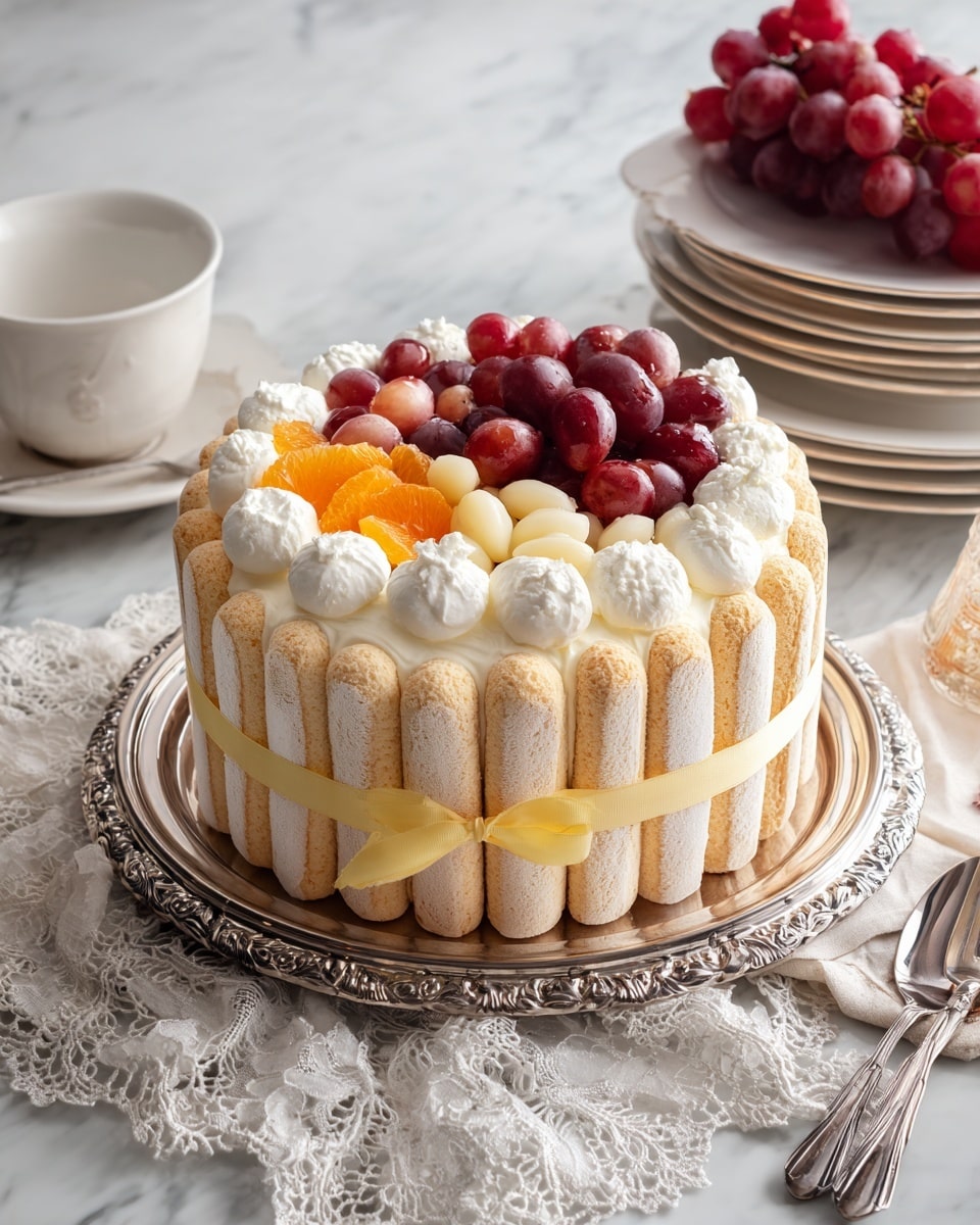 A round dessert with an outer layer made of ladyfingers standing upright, tied with a thin yellow ribbon around the middle. Inside, the top layer is divided into four sections: one with small white whipped cream dollops, one with small orange fruit slices, one with halved red grapes, and one with small white fruit pieces. The dessert sits on a silver tray with ornate edges, placed on a white marbled surface covered partially by a lace cloth. Nearby, there is a bunch of red grapes, a stack of white plates, and a white cup and saucer. photo taken with an iphone --ar 4:5 --v 7