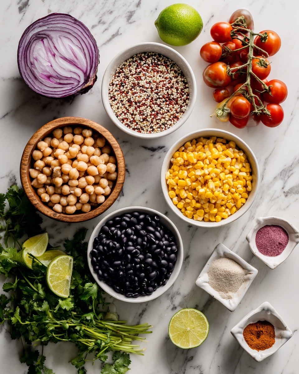 The image shows several white bowls placed on a white marbled surface, each filled with different colorful ingredients: one bowl with light beige chickpeas, another with a mix of white, red, and black quinoa grains in a wooden bowl, a white bowl filled with dark black beans, another white bowl with bright yellow corn kernels, and a small white bowl holding black sliced olives. Around these bowls are fresh vegetables including a halved red onion with purple and white layers, a bunch of small red tomatoes on the vine, green limes—one halved showing its juicy inside—and a small bunch of fresh green cilantro. A small white dish with different powder spices in shades of brown, red, pink, and white is also included. Each ingredient is labeled with black text. The photo taken with an iphone --ar 4:5 --v 7