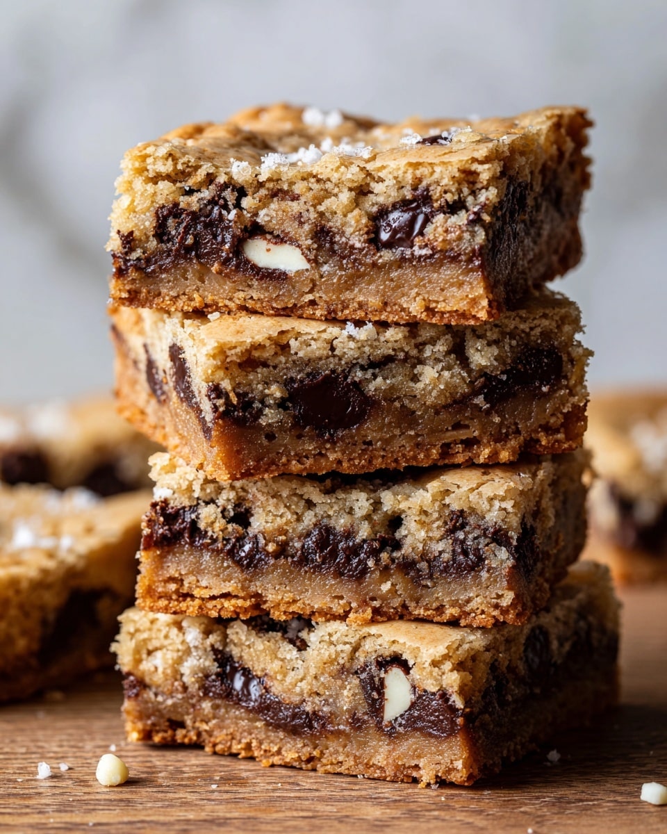 A stack of four thick, square blondie bars is shown close up on a wooden surface with a white marbled background. Each blondie has a light golden-brown color with a soft and chewy texture, dotted with dark chocolate chunks and white bits inside and on top. The layers are clearly visible, showing the dense, moist inside of each piece. Some edges of the blondies are slightly crisp and uneven, giving a homemade look. Photo taken with an iphone --ar 4:5 --v 7