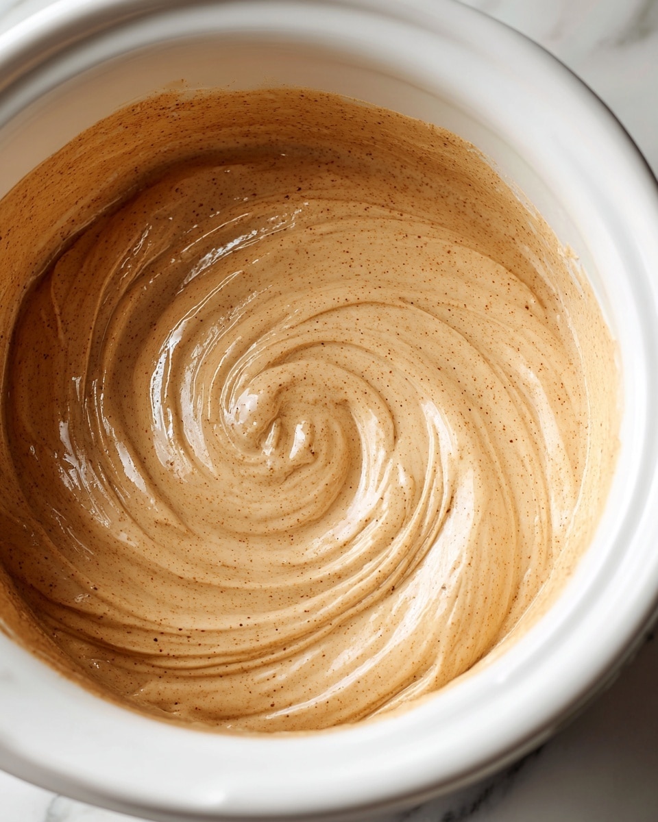 A thick, smooth layer of light brown creamy mixture fills a white slow cooker pot, swirling gently in a spiral pattern with subtle darker specks throughout. The surface looks soft and glossy, with soft ridges and folds along the sides of the pot, which is set on a white marbled background. Photo taken with an iphone --ar 4:5 --v 7