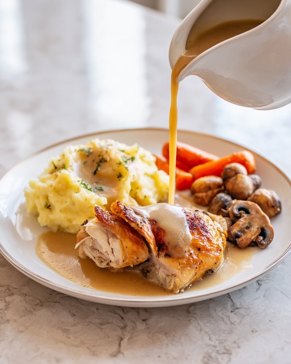 A white plate on a white marbled surface holds a meal with three layers visible: at the back left is a pile of light yellow mashed potatoes with a soft texture, in the middle right are roasted carrots and brown mushrooms with a slightly shiny finish, and in the front is a grilled piece of chicken with a golden-brown crispy skin and white inside. A white small pitcher is tilted above the chicken, pouring smooth, beige gravy over it, with the gravy flowing down the chicken’s side. A woman's hand is holding the pitcher. photo taken with an iphone --ar 4:5 --v 7