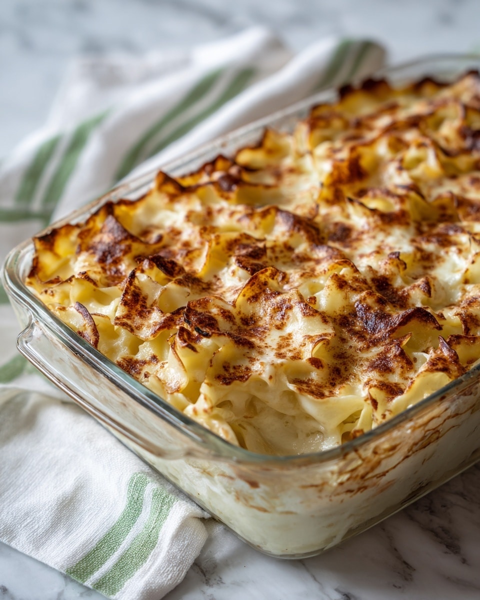 A glass baking dish filled with a layered noodle casserole, showing one thick layer of wide, flat noodles mixed with a creamy sauce. The top layer is browned and slightly crispy with golden and light brown spots, and some edges of the noodles are curled up and darker. There is a subtle dusting of cinnamon or similar spice on the surface, adding a light rusty color across the creamy, textured top. The dish is placed on a white marbled surface with a white cloth with green stripes partially visible in the background. Photo taken with an iphone --ar 4:5 --v 7