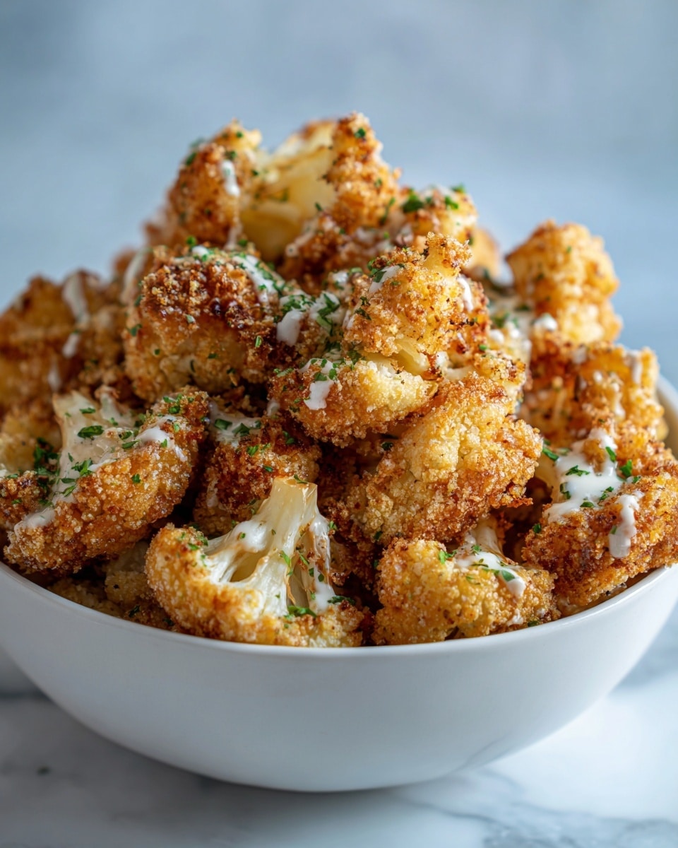 A white bowl filled with many pieces of crispy, golden brown fried cauliflower piled high. Each cauliflower piece is coated with crunchy breadcrumbs and topped with small drizzles of a light creamy sauce and a sprinkle of green herbs. The bowl is placed on a white marbled surface with a soft light blue and white blurry background. photo taken with an iphone --ar 4:5 --v 7
