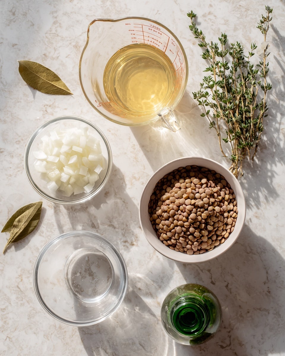 The image shows small bowls and containers arranged on a white marbled surface, including a white bowl filled with brown lentils placed on the right side, a clear measuring cup with light yellow liquid on the top left, a small clear bowl with chopped white onions near the bottom left, and an empty clear measuring cup near the bottom center. There are also two sprigs of fresh green thyme and a dried bay leaf laid out near the center. A green-topped bottle is placed towards the bottom right. The lighting is soft and natural. Photo taken with an iphone --ar 4:5 --v 7