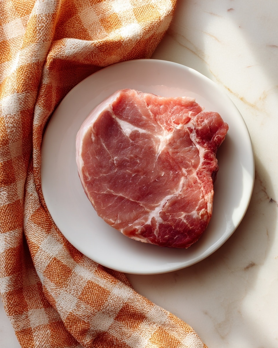 A thick, raw piece of pork with a white fat edge and a visible bone near the center lies flat on a smooth, white plate. The pork is pinkish-red with marbled light fat lines. The plate is set on a white marbled surface with a soft orange and white checkered cloth resting nearby. The lighting is natural and soft, highlighting the texture of both the pork and the cloth photo taken with an iphone --ar 4:5 --v 7