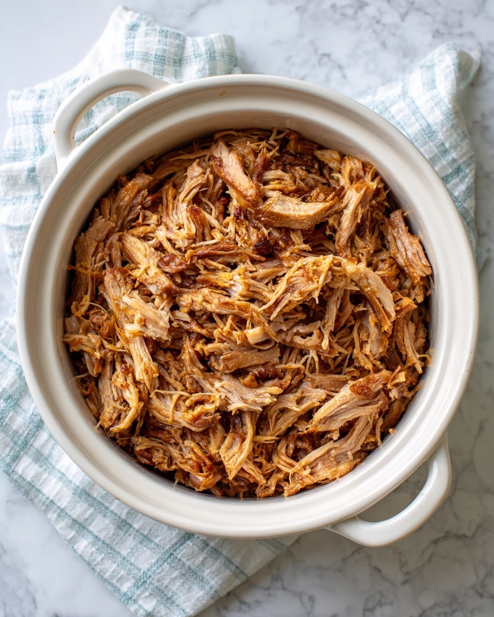 Close view of shredded meat piled thickly, showing a mix of thin, light brown strands and chunkier, darker brown pieces scattered throughout. The texture varies between soft, fibrous strips and some firmer, slightly crispy edges, with a glistening surface that hints of moisture and spices. The background is a white marbled texture. photo taken with an iphone --ar 4:5 --v 7