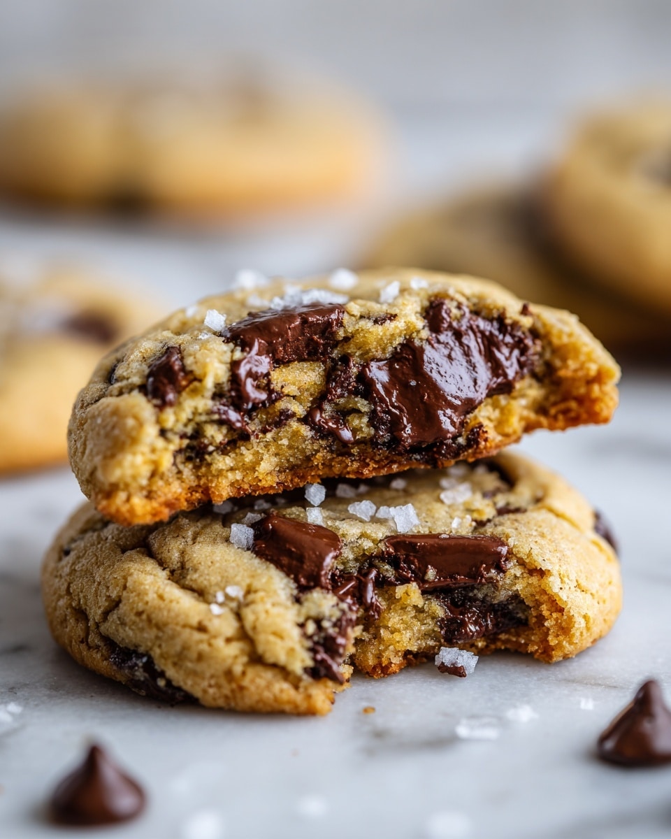 A close-up view of two stacked chocolate chip cookies on a white marbled surface, with the top cookie broken to show a soft, crumbly inside filled with dark brown chocolate chips, some melted and some whole. The cookie dough is light golden brown with a rough texture, sprinkled lightly with white sea salt flakes, and several whole chocolate chips are visible on the surface. In the blurry background, there are more cookies scattered on the white marbled surface. Photo taken with an iphone --ar 4:5 --v 7